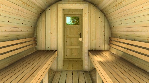Fass-Sauna mit Rundfenster, Ø235x350 cm 40mm Fichte Blockbohle naturbelassen ohne Sauna-Ofen und Steuerung – Bild 4