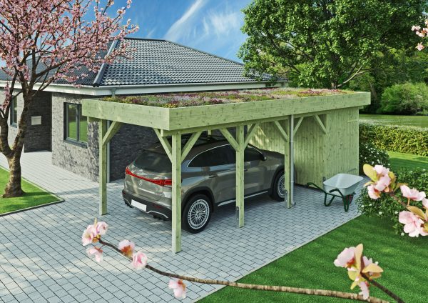 JODA Carport Bergen MG Classic Holzblende, Flachdach vorb.f. Gründach – Bild 2