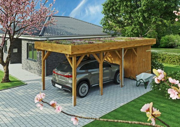 JODA Carport Bergen MT Natur Holzblende, Flachdach mit Stahl-Trapezplatten Antikondens – Bild 2