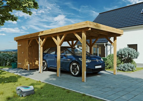 JODA Carport Bergen MT Natur Holzblende, Flachdach mit Stahl-Trapezplatten Antikondens – Bild 3