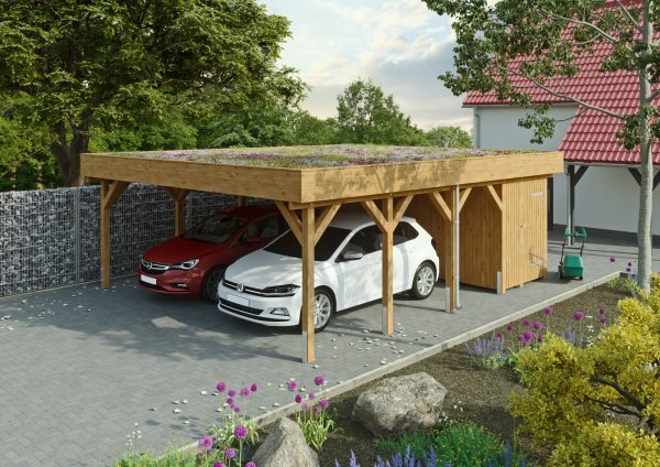 JODA Carport Büsum MG Natur Holzblende, Flachdach vorb.f. Gründach – Bild 5