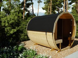 Fass-Sauna mit Rundfenster, Ø235x350 cm 40mm Fichte Blockbohle naturbelassen ohne Sauna-Ofen und Steuerung