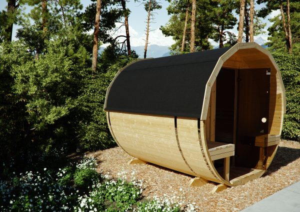 Fass-Sauna mit Rundfenster, Ø235x350 cm 40mm Fichte Blockbohle naturbelassen ohne Sauna-Ofen und Steuerung