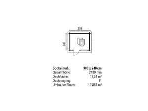 JODA Blockhaus Münster 45 mm BB Sockelmaß 308x248 cm Flachdach mit EPDM-Folie