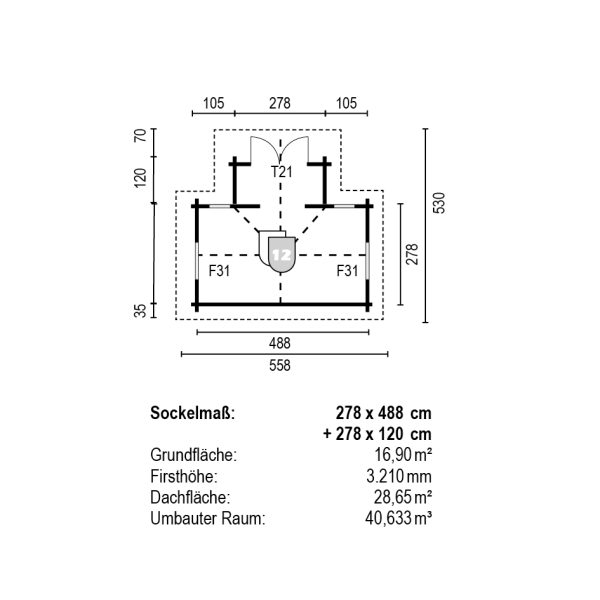 Joda Blockhaus Helsinki 2,78 x 4,88 m/Vorbau 1,20 m 45 mm Blockbohle – Bild 2