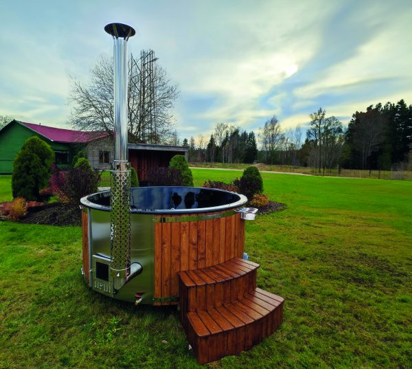 Hot-Tub, Durchmesser 200 cm, Glasfaser schwarz/golden Oak, inkl. Edelstahlofen, Massagesystem, LED, Treppe und Abdeckung