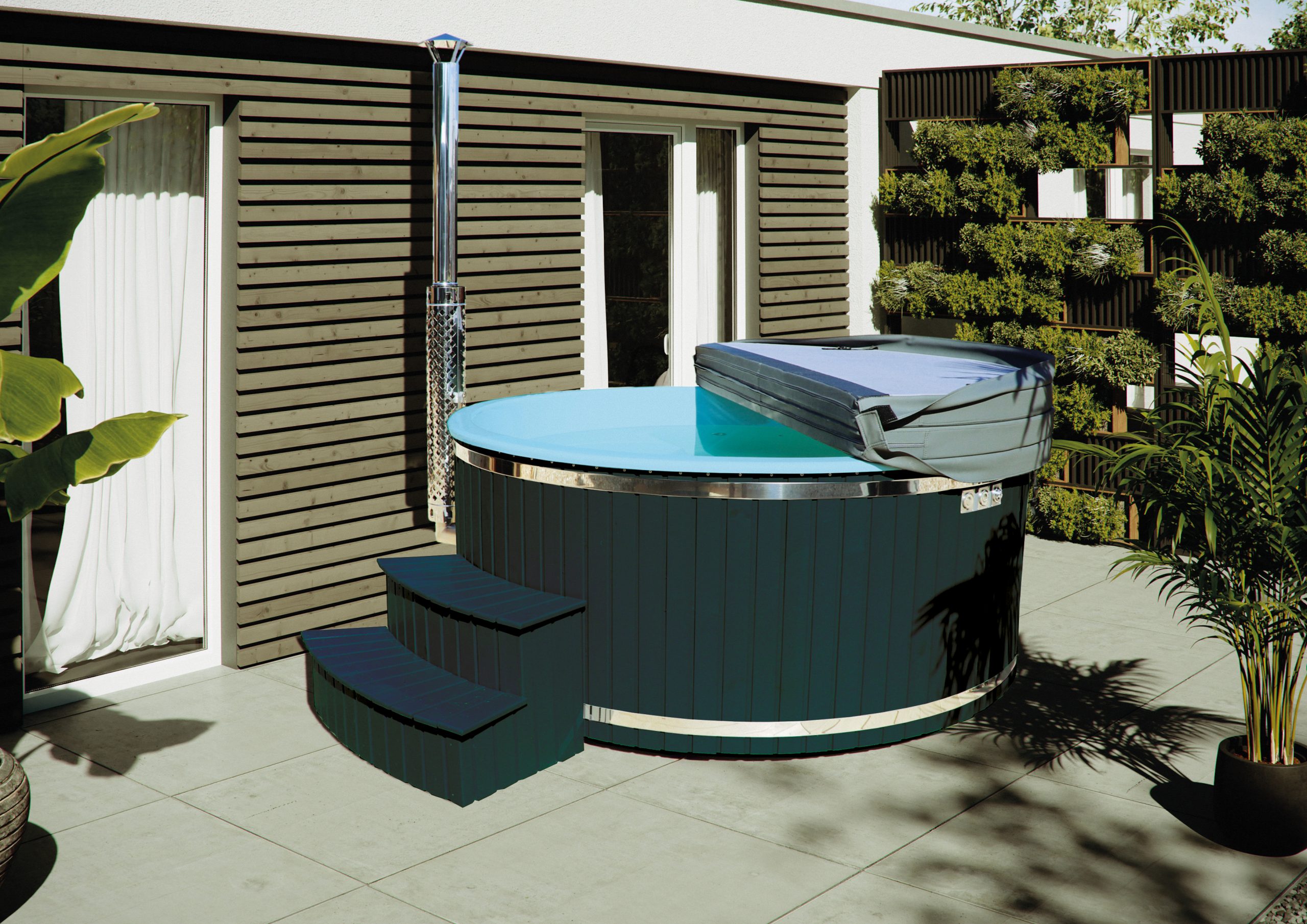 Hot-Tub, Durchmesser 200 cm, Glasfaser türkis/anthrazit, inkl. Edelstahlofen, Massagesystem, LED, Treppe und Abdeckung