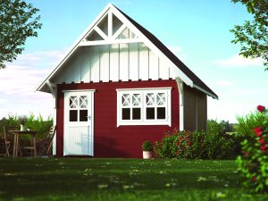 Schwedenhaus mit Klöntür, 2flg Fenster mit Fußboden, 390x390 cm, naturbelassen VE = 000