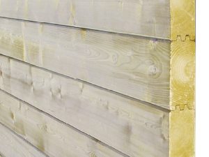 45x121 mm Blockbohlen Fichte, HF 16% L= 4,80 m, Doppelnut und Feder, 4 Fasen technisch getrocknet