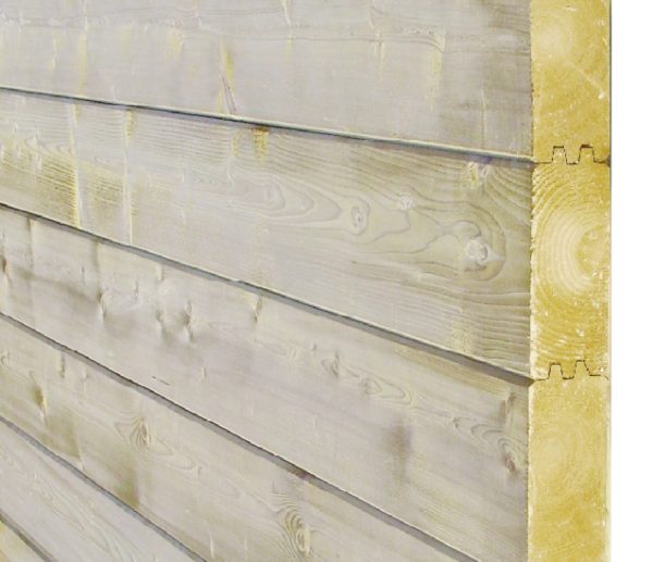 45x121 mm Blockbohlen Fichte, HF 16% L= 3,60 m, Doppelnut und Feder, 4 Fasen technisch getrocknet