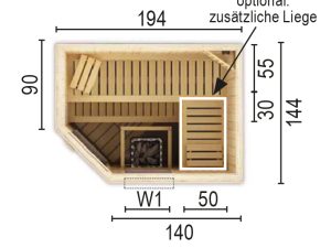 Sauna 2015 E W1 ohne Sauna - Ofen 194 x 144 x 199 / Eckeinstieg SP25403-1441941990-61-0101-02