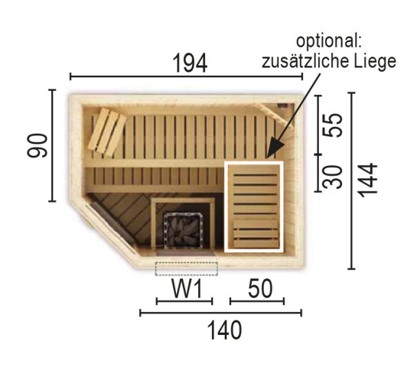 Sauna 2015 E W1 ohne Sauna - Ofen 194 x 144 x 199 / Eckeinstieg SP25403-1441941990-61-0101-02