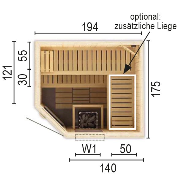 Sauna 2018 E W1 ohne Sauna-Ofen 194 x 175 x 199 / Eckeinstieg SP25403-1771941990-61-0101-02