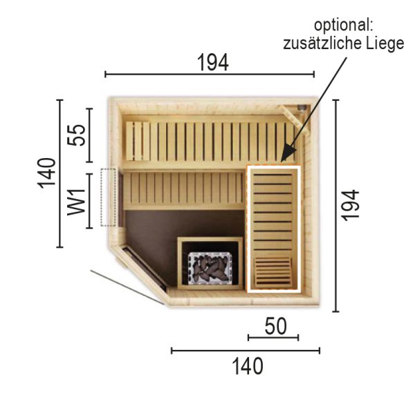 Sauna 2020 E W1 ohne Sauna-Ofen 194 x 194 x 194 / Eckeinstieg SP25403-1941941990-61-0101-02