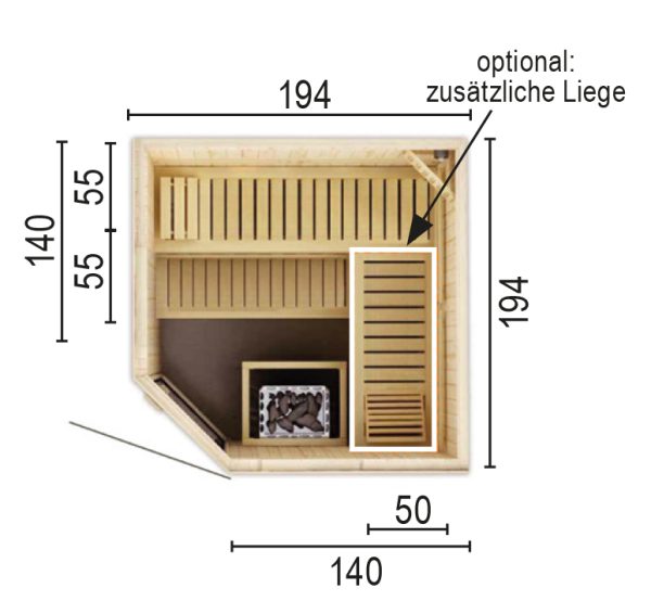 Sauna 2020 E WO ohne Sauna-Ofen 194 x 194 x 199 / Eckeinstieg SP25403-1941941990-60-0101-02