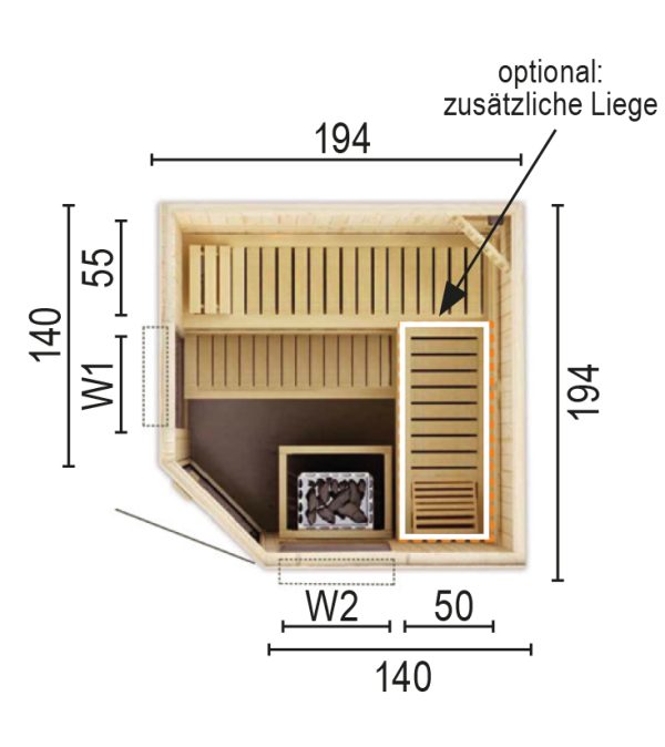 Sauna 2020 E W2 ohne Sauna-Ofen 194 x 194 x 199 / Eckeinstieg SP25403-1941941990-62-0101-02