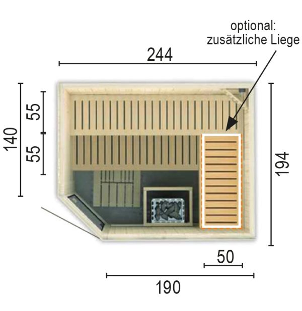 Sauna 2520 E WO ohne Sauna-Ofen 244 x 194 x 199 / Eckeinstieg SP25403-2441941990-60-0101-02