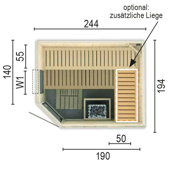 Sauna 2520 E W1 ohne Sauna-Ofen 244 x 194 x 199 / Eckeinstieg SP25403-2441941990-61-0101-02