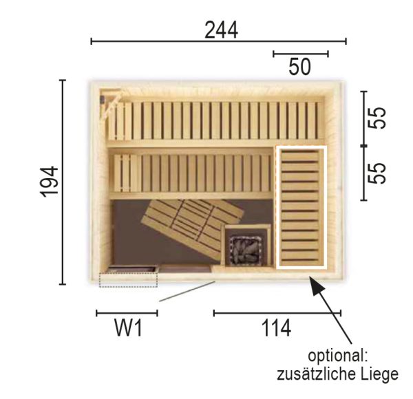Sauna 2520 W1 ohne Sauna-Ofen 244 x 194 x 199 SP25401-1942441990-61-0101-02