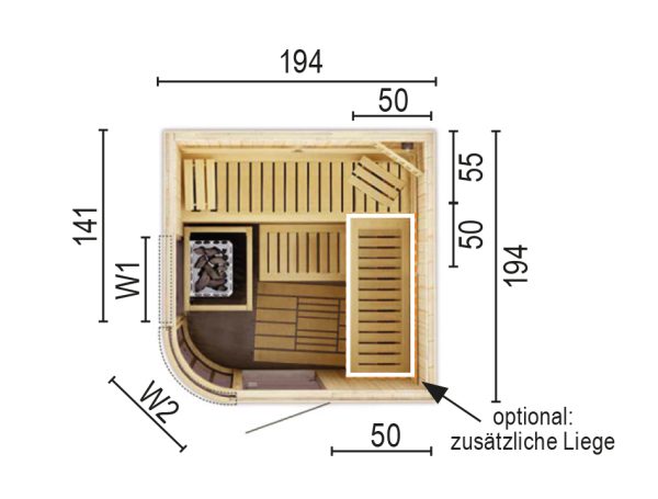 Sauna 2020R W2 ohne Sauna-Ofen 194 x 191 x 199 / Rundeinstieg SP25405-1941941990-62-0101-02