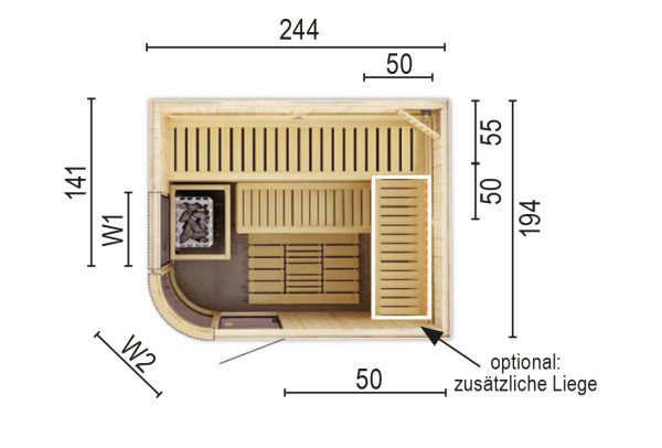 Sauna 2520 R W2 ohne Sauna-Ofen 244 x 194 x 199 / Rundeinstieg SP25405-2441941990-62-0101-02