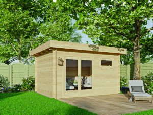 JODA Blockhaus Münster 28 mm BB Sockelmaß 398x308 cm Flachdach mit EPDM-Folie