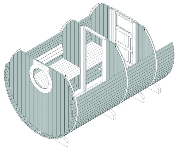 Fass-Sauna mit Rundfenster, Ø235x350 cm 40mm Fichte Blockbohle naturbelassen ohne Sauna-Ofen und Steuerung – Bild 2