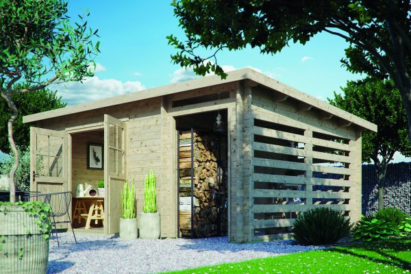 Blockhaus Bungalow Plus Pultdach 28 mm 368 x 368 cm + SD 150 cm