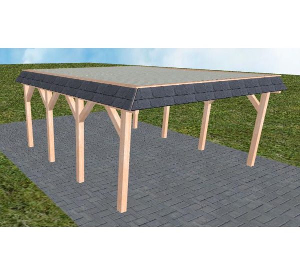 JODA Carport Glücksburg KT Natur Walmblende, Flachdach mit Stahl-Trapezplatten Antikondens