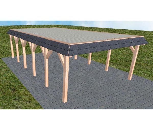 JODA Carport Glücksburg LT Natur Walmblende, Flachdach mit Stahl-Trapezplatten Antikondens