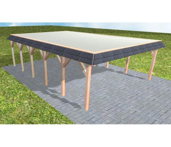 JODA Carport Grömitz LT Natur Walmblende, Flachdach Neu: mit Stahl-Trapezplatten Antikondens