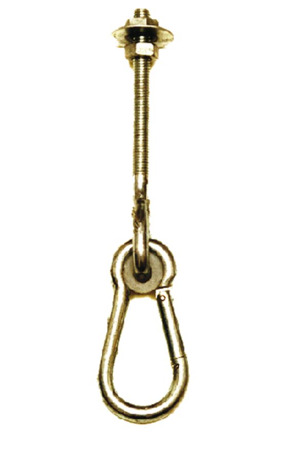 Schaukelhaken 160 mm lang, M12, verzinkt zum Durchbolzen, Karabiner m. Nylonlager VE = 050