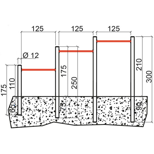 Dreier-Reck groß, 423 x 110/175/210 cm inkl. Reckstangen 125 cm mit Schrauben VE = 008 – Bild 3