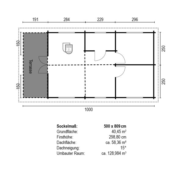 JODA Blockhaus ERFURT 68 mm Sockelmaß 500x1000 cm m. Terrasse Satteldach – Bild 4