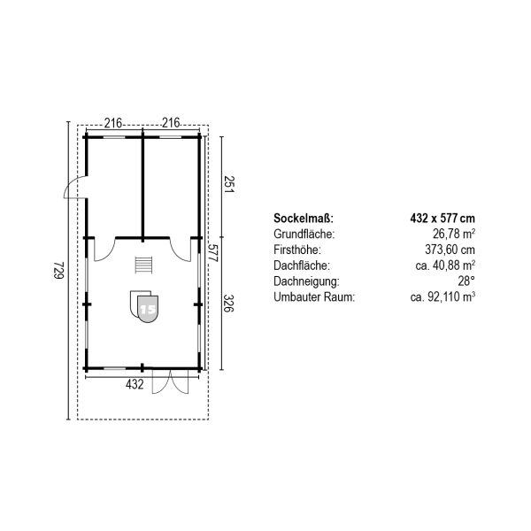 JODA Blockhaus MAINZ 68 mm Sockelmaß 432x577 cm Satteldach m. Schlafboden – Bild 5