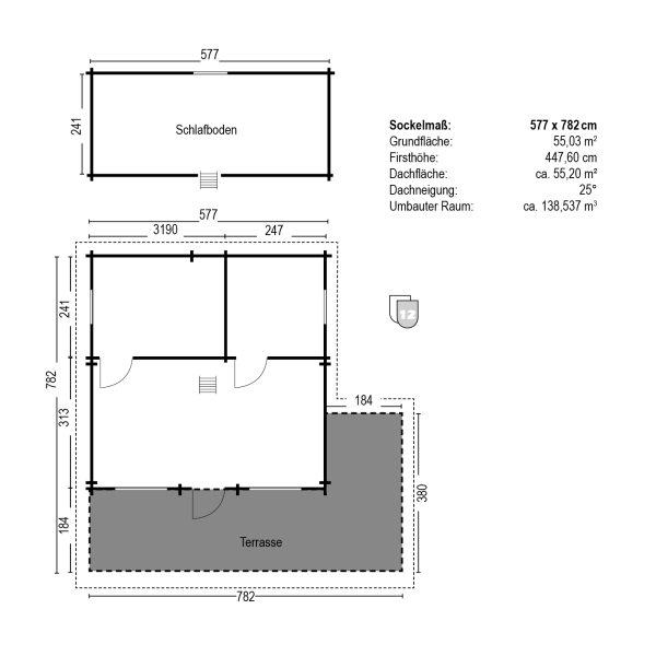 JODA Blockhaus ROSTOCK 68 mm Sockelmaß 577x782 m.Terrasse&Schlafboden Satteldach – Bild 5