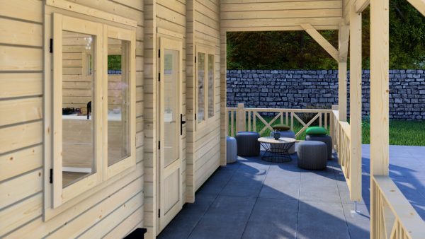 JODA Blockhaus ROSTOCK 68 mm Sockelmaß 577x782 m.Terrasse&Schlafboden Satteldach – Bild 6