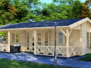 JODA Blockhaus LÜBECK 68 mm Sockelmaß 577x882 cm m. Terrasse Satteldach