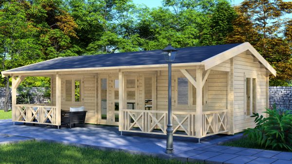 JODA Blockhaus LÜBECK 68 mm Sockelmaß 577x882 cm m. Terrasse Satteldach