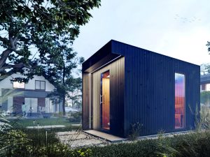 Element-Sauna MUSTA 200x396 cm RAL 9017 Anthrazit,3x Liegen,Ofenschutzgitter ohne Sauna-Ofen und Steuerung links