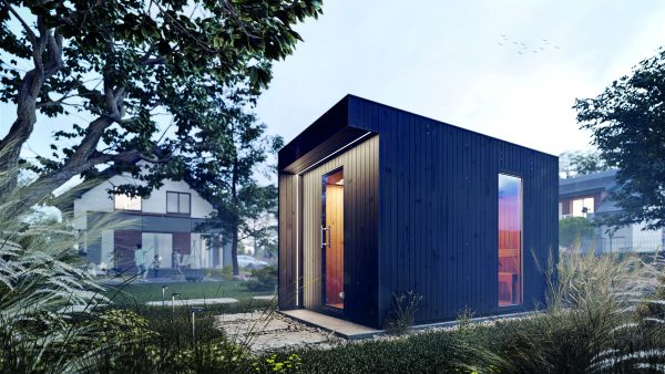 Element-Sauna MUSTA 200x396 cm RAL 9017 Anthrazit,3x Liegen,Ofenschutzgitter ohne Sauna-Ofen und Steuerung links