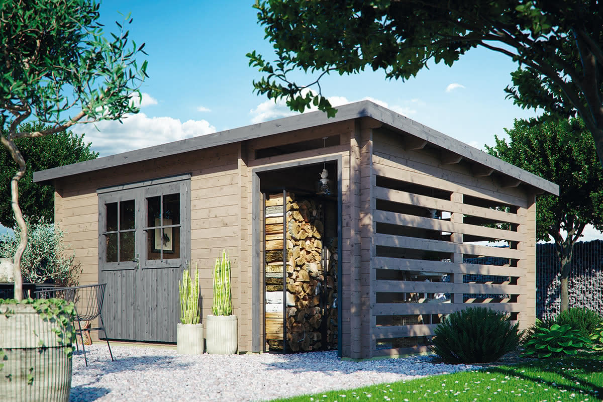 Blockhaus Bungalow Plus Pultdach 45 mm 248 x 248 cm + SD 150 cm