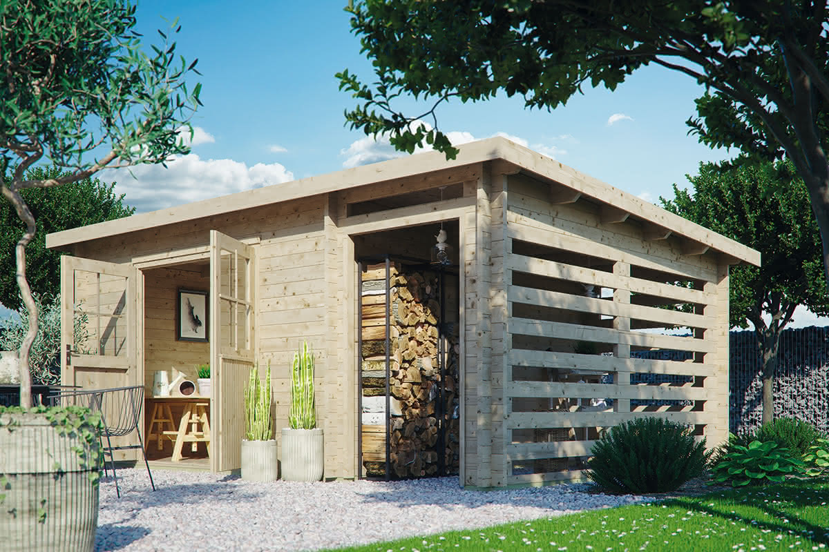 Blockhaus Bungalow Plus Pultdach 45 mm 248 x 248 cm + SD 150 cm – Bild 2