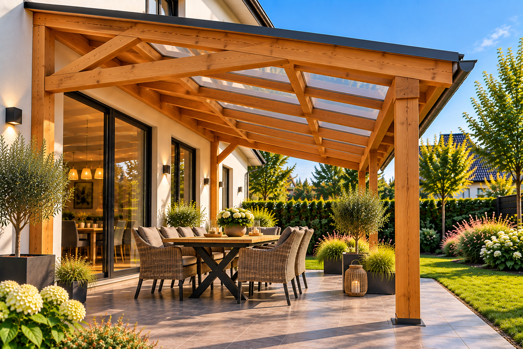 Terrassenüberdachung aus Holz bei der Planung der Baugenehmigung