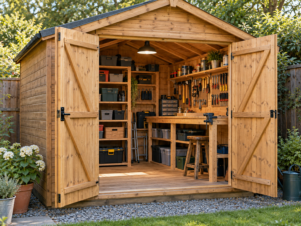 Holz Gerätehaus mit Regalen und Werkzeug