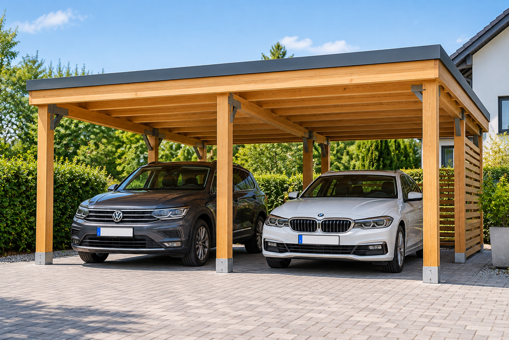 Doppelcarport aus Holz für zwei Fahrzeuge