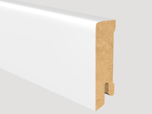 Sockelleiste Profil MDF80 Cube – (eckig) – mit weißer Grundierfolie (ähnl. RAL 9016) VE: 10 Stk./Bund - Palette: 35 Bund/840 lfm