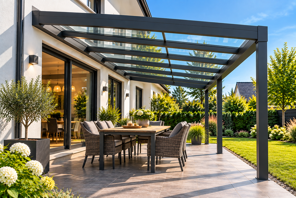 Terrassenüberdachung Holz oder Aluminium – moderne Aluminium-Terrassenüberdachung