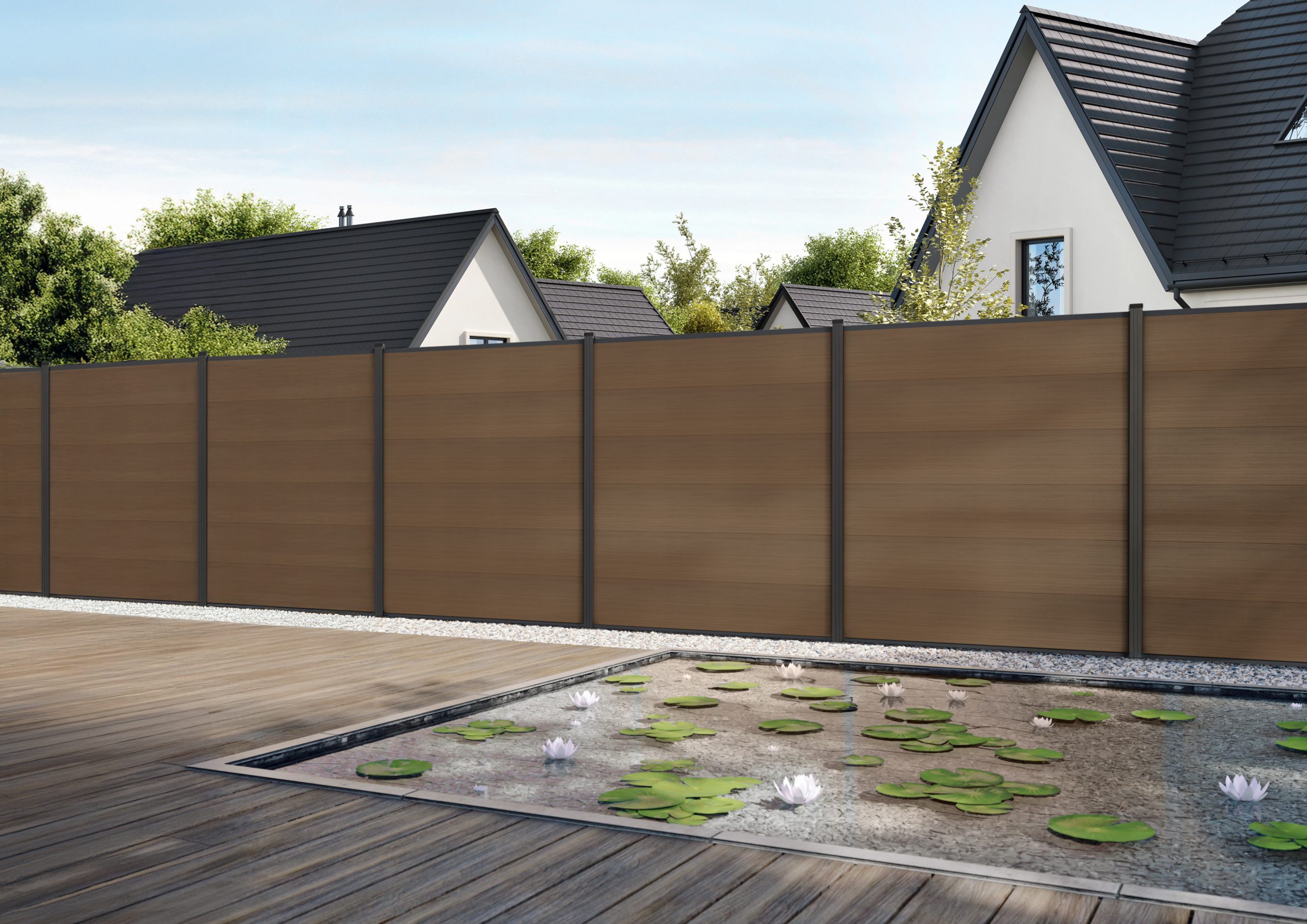MAX-XL WPC-Steckzaunset
175 x 168 cm; coextrudiert
Farbe TEAK
Abschlussleiste und Clips separat in silber oder anthrazit – Bild 3