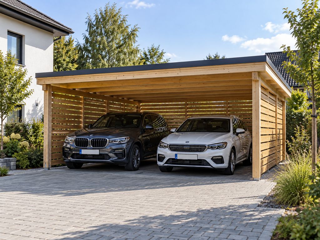 Doppelcarport aus Holz mit Platz für zwei Fahrzeuge